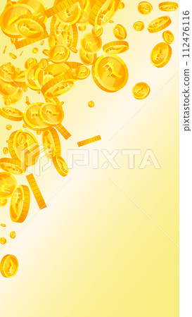 Indian rupee coins falling. Scattered gold INR Indian rupee coins falling. Scattered gold INR 112476116