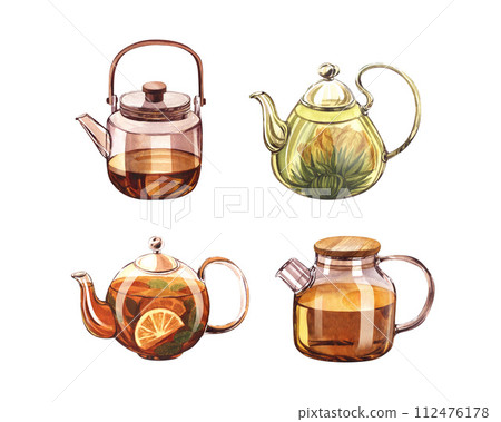 Set glass teapot with infuser and flowering tea, with lemon and citrus. Watercolor hand-drawn illustration isolated on white background. Perfect for recipe lists with drinks, brochures for cafe. 112476178