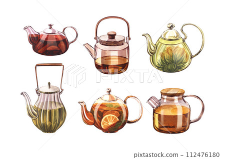 Set glass teapot with infuser and flowering tea, with lemon and citrus. Watercolor hand-drawn illustration isolated on white background. Perfect for recipe lists with drinks, brochures for cafe. 112476180