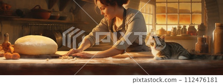 AI-generated content. A housewife is seen in the kitchen, actively preparing food with the company of her playful cat. 112476181