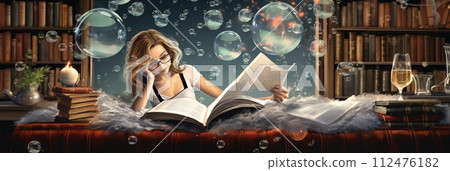 AI-generated content. A girl is seen relaxing in a library, immersed in a book she is reading. 112476182