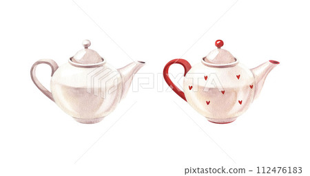 Two porcelain ceramic white teapot for tea with red hearts. Watercolor hand-drawn illustration isolated on white background. Perfect for recipe lists with drinks, brochures for cafe. Side view 112476183