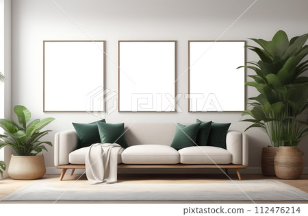 Three poster, wall art mockups, framed pictures set, home art gallery in living room. over sofa 112476214