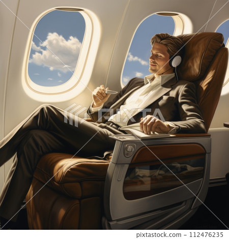 AI-generated content. A male businessman sits comfortably in an airplane seat, wearing headphones and engrossed in his in-flight entertainment. 112476235