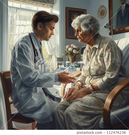 AI-generated content. A painting depicting a doctor and an elderly woman engaged in a medical consultation. AI-generated content. A painting depicting a doctor and an elderly woman engaged in a medical consultation. 112476236