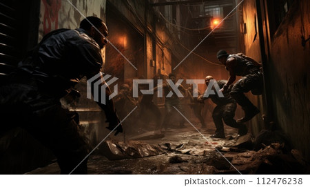 AI-generated content. A street fight between a group of zombies unfolding in a dimly lit alley. 112476238