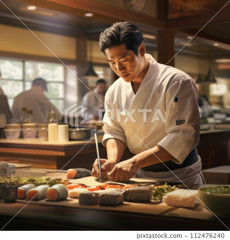AI-generated content. A skilled chef in a chefs uniform meticulously prepares food in a professional kitchen. 112476240