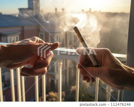 AI-generated content. A photo of two men standing on a balcony, both holding a cigarette and smoking. 112476246