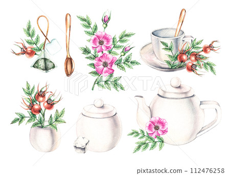 Watercolor white tea set, tea bags, sugar and rosehip flowers and berries isolated on white 112476258
