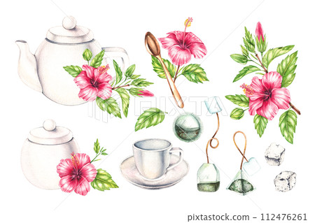 Watercolor white tea set, tea bags, sugar and hibiscus flowers isolated on white 112476261