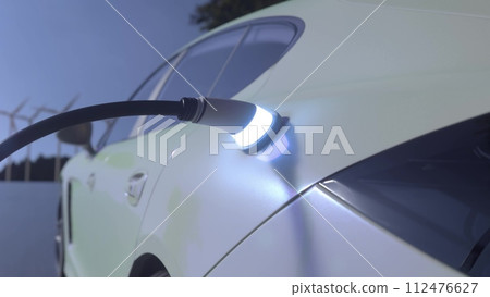 Electric car charging on blue sky background. Car charging on the background of a windmills. Electric car charging on wind turbines background. 3d illustration 112476627