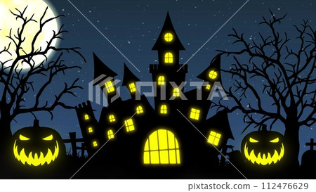 Halloween background animation with the concept of Haunted Castle, Moon and Spooky Trees. 3d illustration Halloween background animation with the concept of Haunted Castle, Moon and Spooky Trees. 3d illustration 112476629
