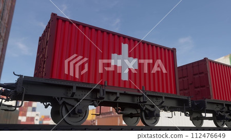Containers with the flag of Switzerland. Railway transportation. 3d illustration 112476649