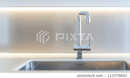Sleek Kitchen Sink with Illuminated Backsplash. Interior detail, luxury plumbing 112476683