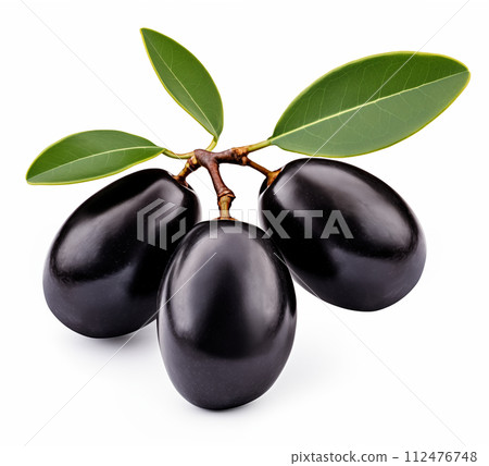 AI-generated content. Black olives with leaves on branch isolated on white background with clipping path, AI generated 112476748