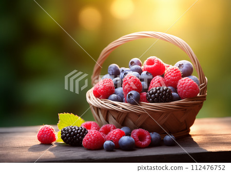 AI-generated content. Berries basket, sunny forest background with copy space, AI generated 112476752