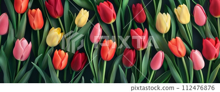 AI-generated content. Tulips as spring background or texture, top view concept 112476876