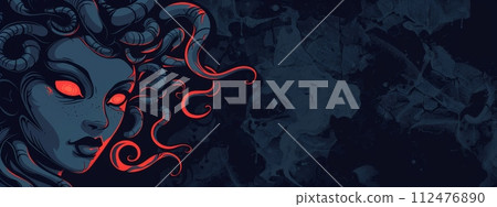AI-generated content. Spooky medusa woman with red eyes isolated on the dark background with copy space 112476890