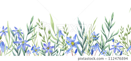 Scilla flowers and wild herbs. Spring meadow, garden plants. Watercolor horizontal seamless banner. Copy space for text. Illustration for the design of birthday, wedding postcards, invitations Scilla flowers and wild herbs. Spring meadow, garden plants. Watercolor horizontal seamless banner. Copy space for text. Illustration for the design of birthday, wedding postcards, invitations 112476894