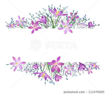 Crocus flowers and wild herbs. Saffron and spring meadow, garden plants. Blue, violet flowers. Horizontal frame with copy space for text. Watercolor illustration for postcards, invitations Crocus flowers and wild herbs. Saffron and spring meadow, garden plants. Blue, violet flowers. Horizontal frame with copy space for text. Watercolor illustration for postcards, invitations 112476895