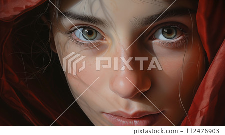 AI-generated content. Portrait of Young Muslim Islamic Beautiful Woman with Green Eyes and Red Hijab on Head. Oil Paint. Face Close Up. Wallpaper. Horizontal AI Generated. High quality illustration. AI-generated content. Portrait of Young Muslim Islamic Beautiful Woman with Green Eyes and Red Hijab on Head. Oil Paint. Face Close Up. Wallpaper. Horizontal AI Generated. High quality illustration. 112476903