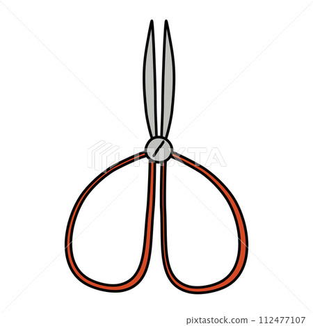 Doodle style metal scissors with red handles, for gardening, hobby or crafting, vector 112477107