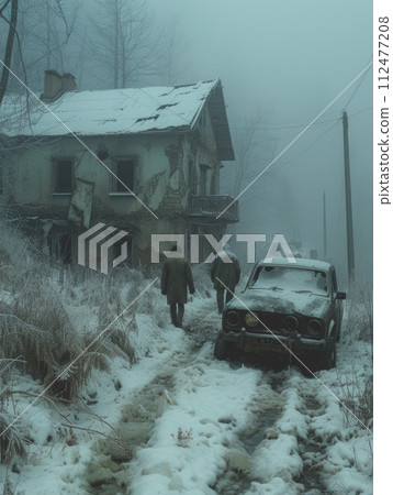 AI-generated content. A couple of individuals walking down a snowy road. 112477208