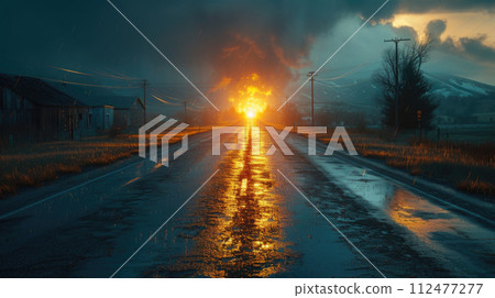 AI-generated content. A road engulfed in dense smoke caused by a nearby nuclear explosion, releasing dangerous radioactive particles into the air. 112477277