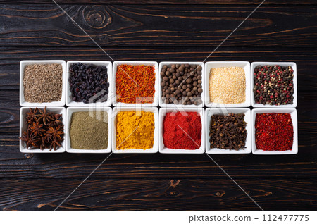 Mix of spices . Indian food background 112477775