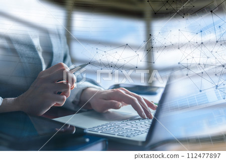 Double exposure of businesswoman in office and city . Double exposure of businesswoman in office and city . 112477897