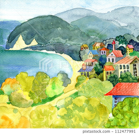 landscape seashore painted in watercolor for postcards and posters landscape seashore painted in watercolor for postcards and posters 112477991