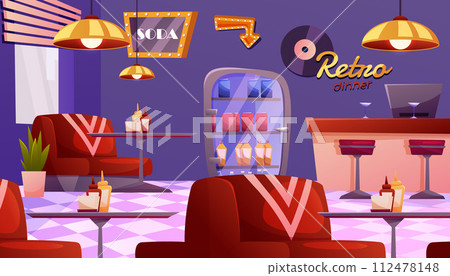 American Retro restaurant, diner interior with bar counter. Fast food retro cafe. Panoramic view of eatery. Empty restaurant with vintage decor. American Retro restaurant, diner interior with bar counter. Fast food retro cafe. Panoramic view of eatery. Empty restaurant with vintage decor. 112478148