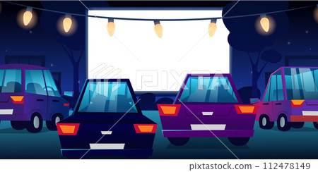 Outdoor cinema, drive-in movie theater with cars on open air parking. Drive-in cinema. Vector cartoon night city with glowing white blank screen and automobiles. 112478149