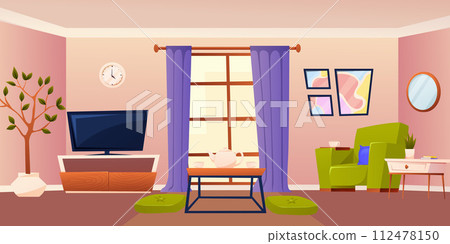 Living room interior with sofa, tv set. Vector illustrations of living room interior with different furniture items 112478150