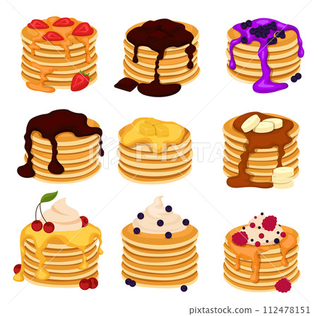 Set of four pancakes with different toppings. Stacks of tasty pancakes with maple syrup, butter, chocolate syrup, fruits and jam. Hotcake morning cuisine. Set of four pancakes with different toppings. Stacks of tasty pancakes with maple syrup, butter, chocolate syrup, fruits and jam. Hotcake morning cuisine. 112478151