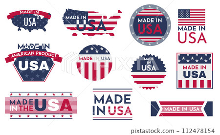 Made in USA badges. Patriot proud label stamp, American flag. Made in the usa labels set, american product emblem 112478154