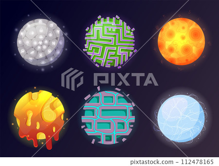 Magical game orbs with glowing neon effect. Magic crystal balls, energy spheres with light effect. Witchcraft glass orbs glowing isolated on dark background 112478165