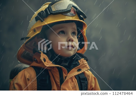 A young child wearing a yellow fireman's hat 112478464