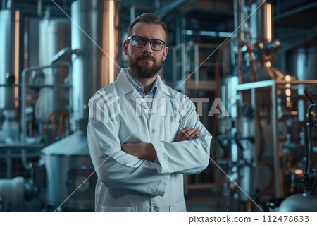 A man in a lab coat stands in front of a large industrial machine A man in a lab coat stands in front of a large industrial machine 112478633