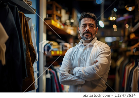 A man stands in front of a rack of clothes, looking at the camera A man stands in front of a rack of clothes, looking at the camera 112478634