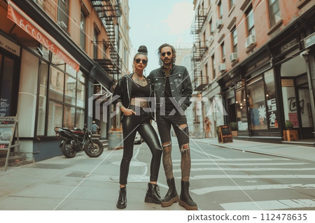 A man and woman are posing for a picture on a city street A man and woman are posing for a picture on a city street 112478635