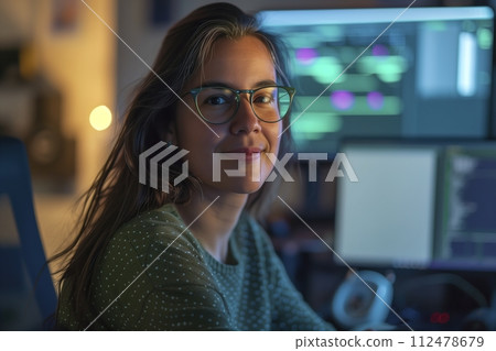 A woman wearing glasses is smiling at the camera 112478679