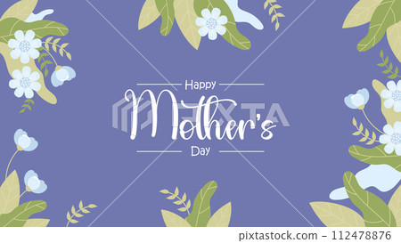 Floral banner Happy Mother's Day. Gently blue flowers on blue background with congratulations inscription. Horizontal Festive poster. Vector illustration in flat style 112478876