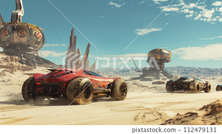 Old cars race at post apocalypses, view of vintage iron vehicles and futuristic buildings in desert like fantasy movie. Concept of dystopia, sport, steampunk and apocalyptic future 112479131