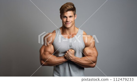 AI-generated content. Showcase of Strength: Athletic Young Man Flaunting Muscular Physique. Generative ai 112479233