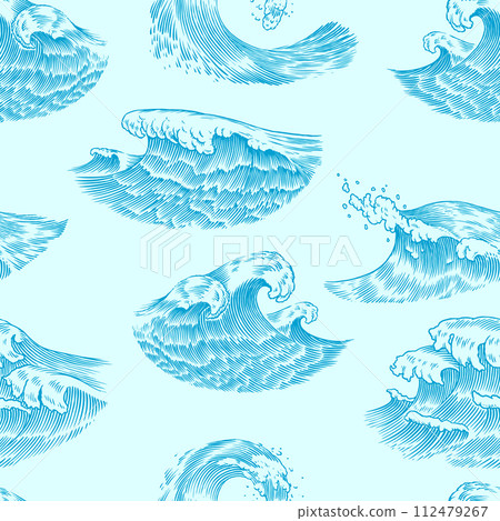 Atlantic tidal waves. Vintage old engraved hand drawn labels. Seamless Pattern. Marine and nautical 112479267