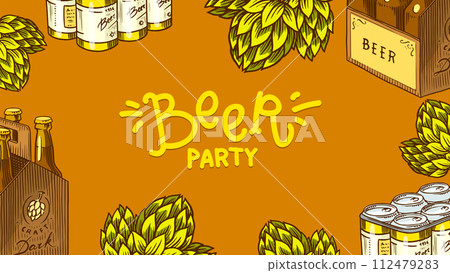 Beer Party Written On It. Beer festival. Vintage Alcoholic. Mug with drink in hand. American banner 112479283