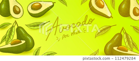 Tropical avocado. Set of evergreen fruit plant. Cosmetics for skin care. Organic oil in the bottle 112479284