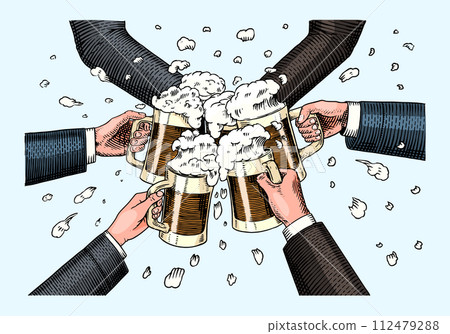 Cheers toast. Beer festival. Vintage Alcoholic. Mug with drink in hand. American banner or poster 112479288