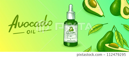 Tropical avocado. Set of evergreen fruit plant. Cosmetics for skin care. Organic oil in the bottle Tropical avocado. Set of evergreen fruit plant. Cosmetics for skin care. Organic oil in the bottle 112479295